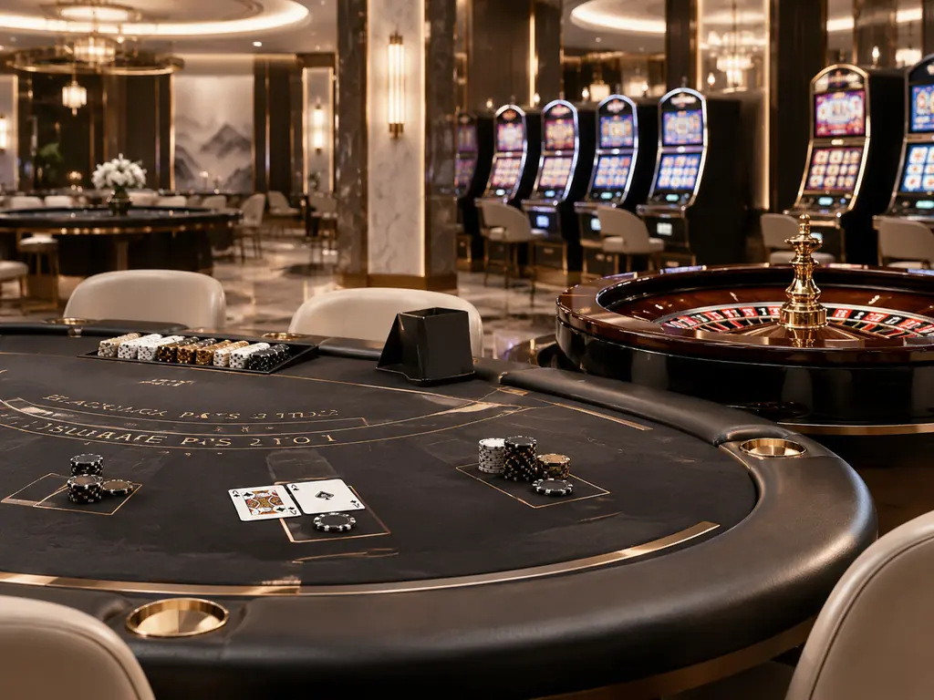 Ilustrasi aula kasino dengan meja kartu, roda roulette, dan mesin slot