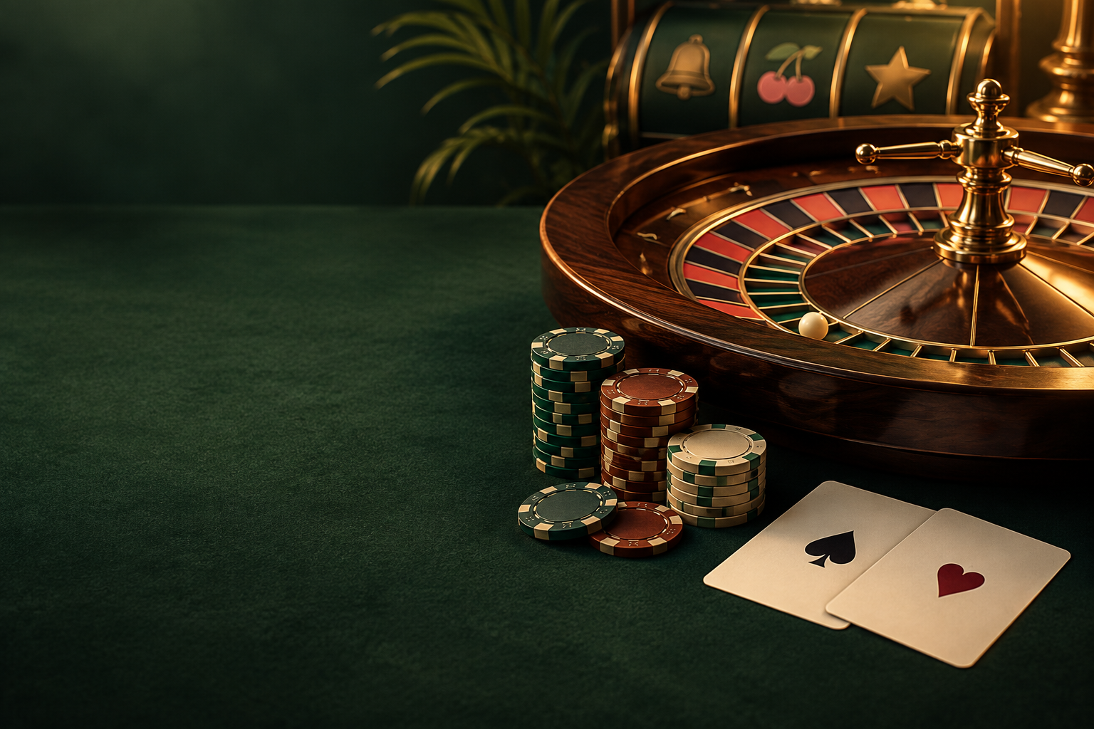 Ilustrasi meja roulette, kartu, dan cip dengan cahaya tembaga